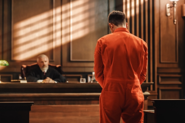A defendant in a prison jumpsuit standing in front of a judge and awaiting verdict.