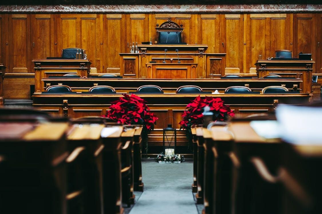 A traditional courtroom setting.