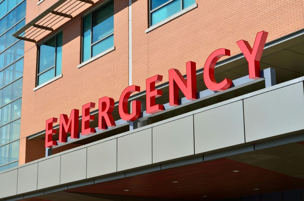 Emergency room signage at the entrance to hospital