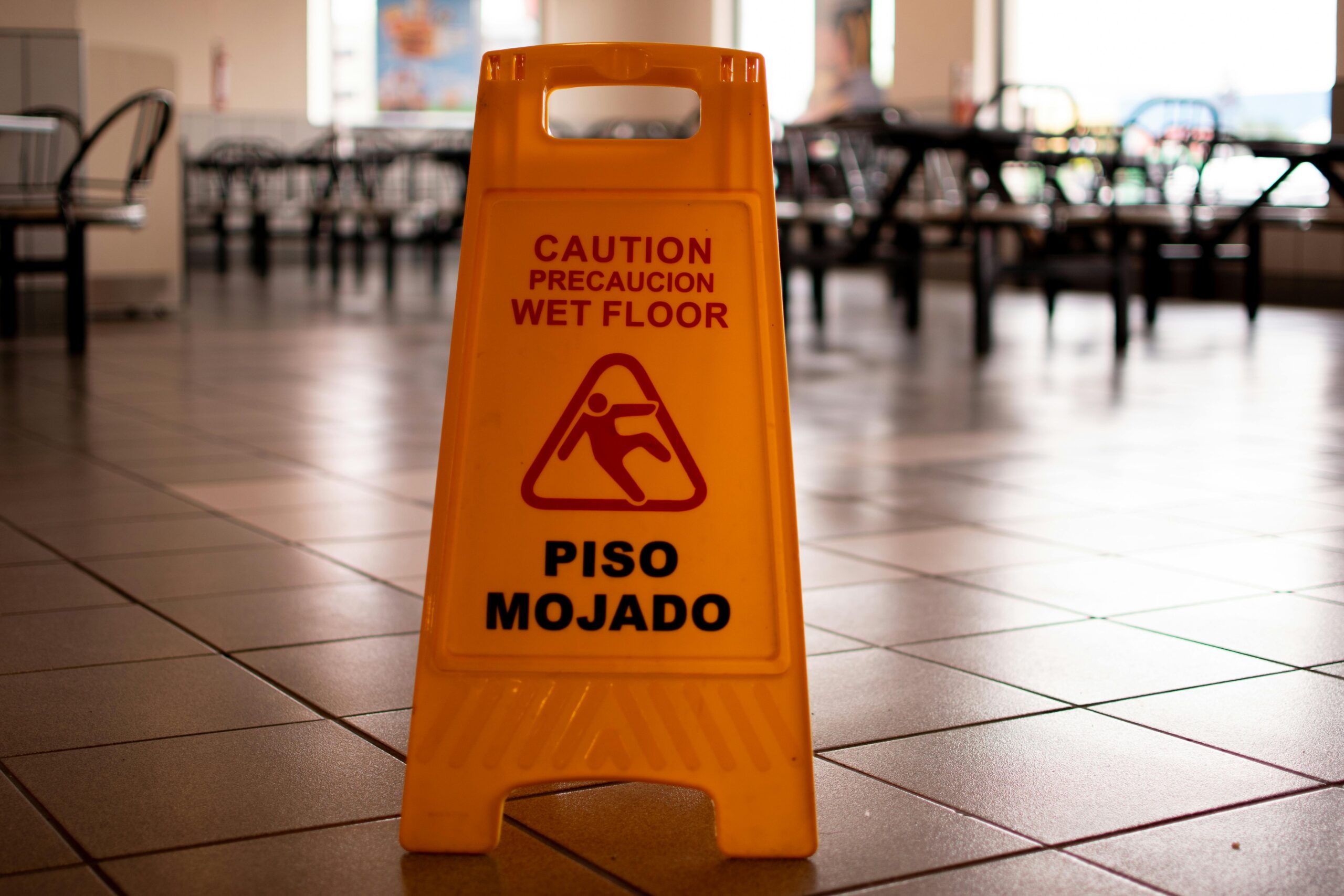 a wet floor sign in a Chester County restaurant